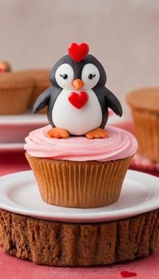 Penguin cupcake with pink frosting