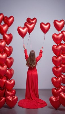 Woman holding red heart balloons