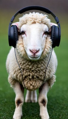 Sheep listening to music in field