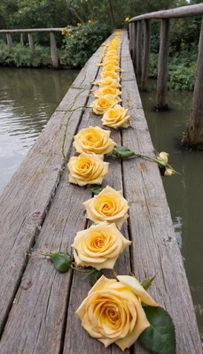 Yellow roses on wooden bridge