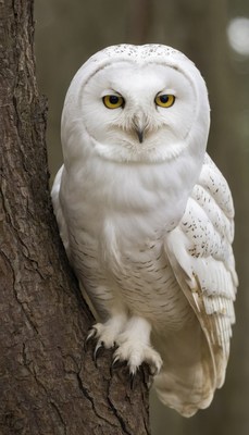 Snowy owl perched on tree branch
