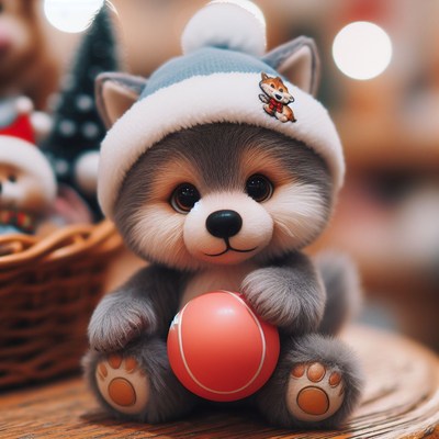 Wolf plush toy holding ball