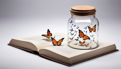 Butterflies escape from book and jar