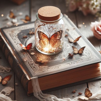 Butterfly in a jar on antique book