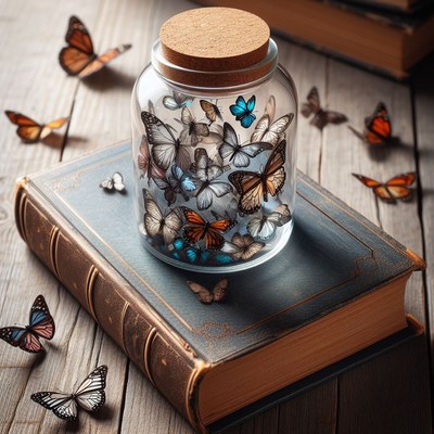 Butterflies in a jar on a book