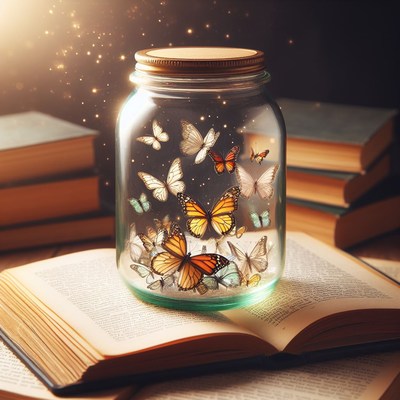 Butterflies in a jar on books