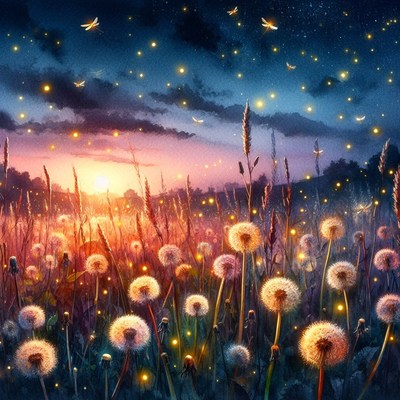 Dandelion field at sunset