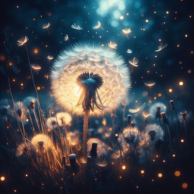 Illuminated dandelion field at night