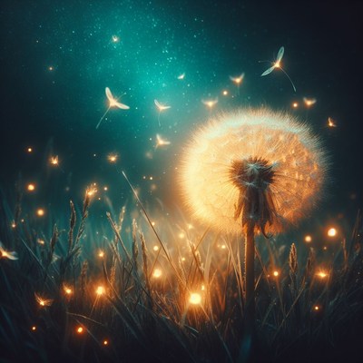 Dandelion glowing in night field