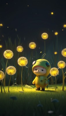 Yellow character among dandelions at night