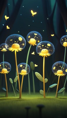 Dandelion flowers with butterflies at night