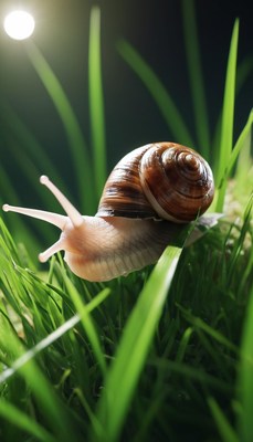 Snail in grass at night