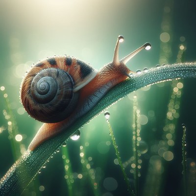 Snail on dew-covered blade of grass