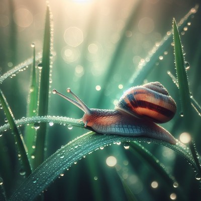 Snail on dewy grass in morning light