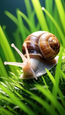 Snail crawling in green grass