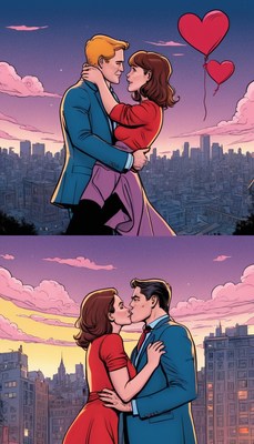 Couple kisses over city skyline