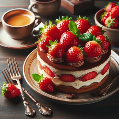 Strawberry tiramisu cake on wooden table