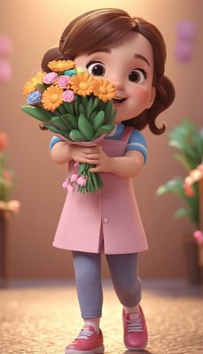 Smiling girl walking with flowers