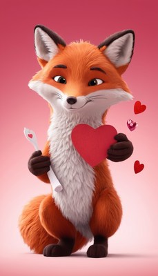 Fox holding heart on valentine's day