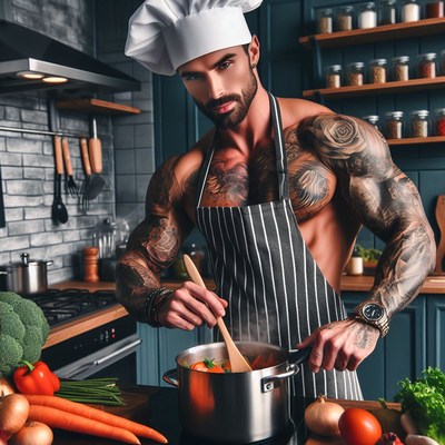 Muscular chef cooking vegetables