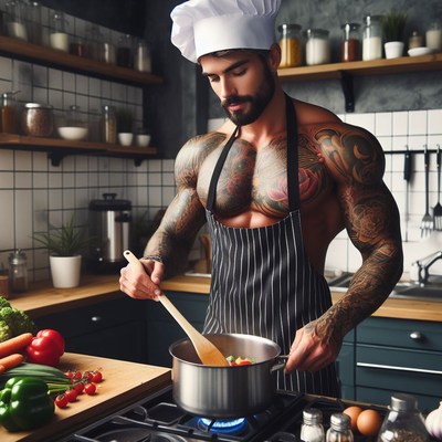 Muscular chef cooking in kitchen