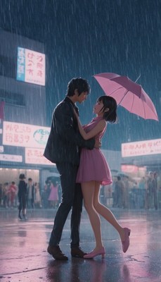 Couple embraces under umbrella in rain