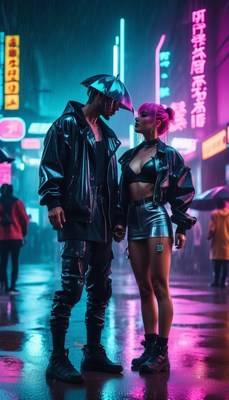 Cyberpunk couple in neon city