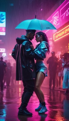 Couple dancing in neon rain