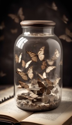 Butterflies in a jar on an open book
