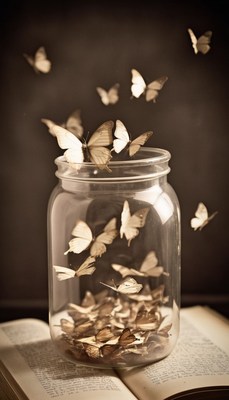 Butterflies in a jar on a book
