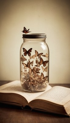 Butterflies in a jar on an open book