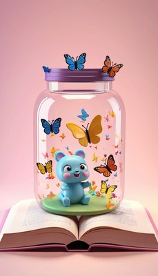 Blue bear in a jar with butterflies on a book