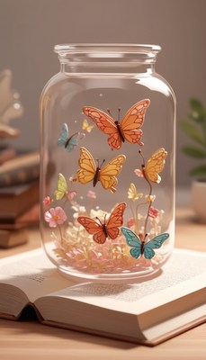 Glass jar with butterflies on book