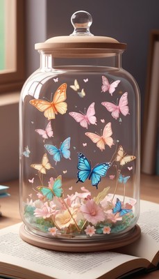 Glass jar with butterflies and flowers