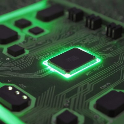 Green circuit board with illuminated chip