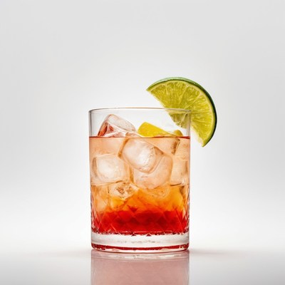 Red cocktail with ice and lime