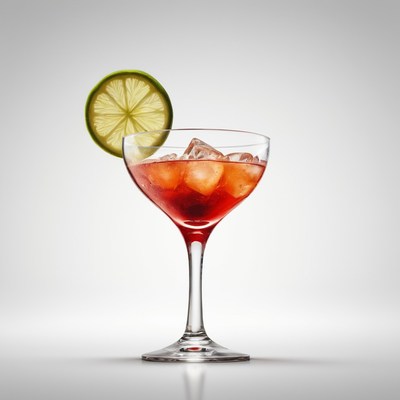 Red cocktail with lime garnish