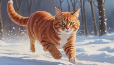 Orange tabby cat running through snow
