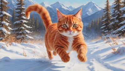 Orange cat running through snow