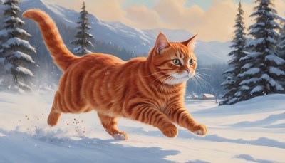 Orange cat running through snow