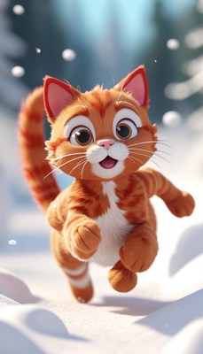 Orange cat running in snow
