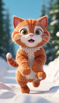 Orange cat running in winter snow