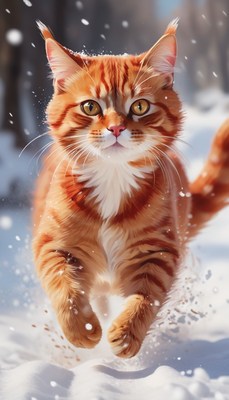 Orange cat running in snow