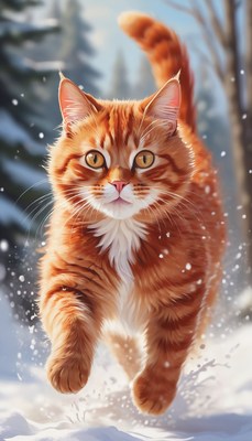 Orange tabby cat running in snow