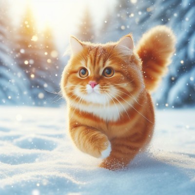 Orange cat running through snow