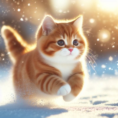Kitten running in winter snow