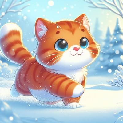 Orange tabby cat in winter snow
