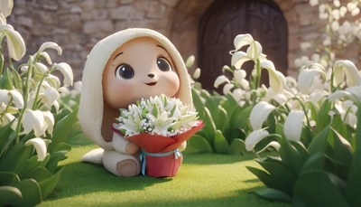 Animated puppy holding flowers in garden