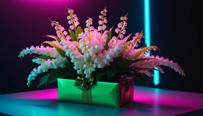 Lily of the valley gift box under neon lights