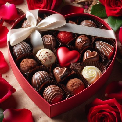 Heart-shaped box of chocolates and roses